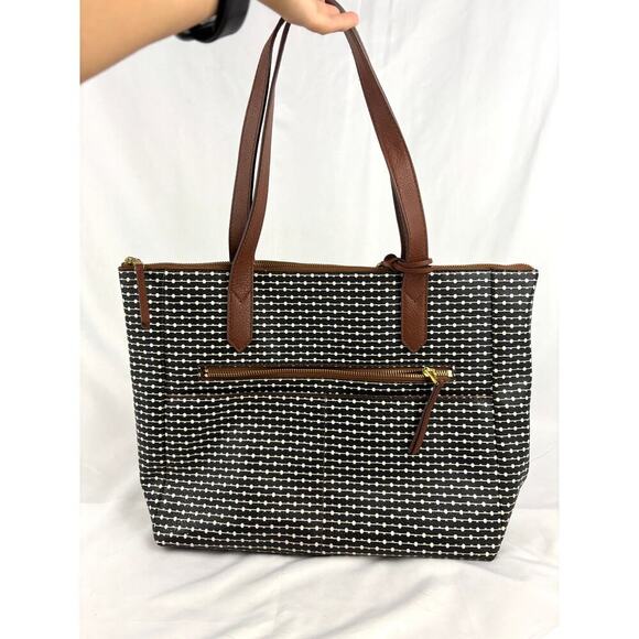 Fossil Rachel Leather Black Striped Tote Purse Classic Brown Black - Picture 12 of 16
